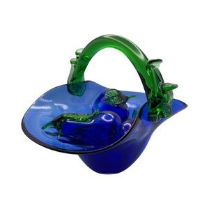 Tiffany & Co Cobalt Blue Art Glass Basket Bowl W/Handblown Glass Czech Fruit